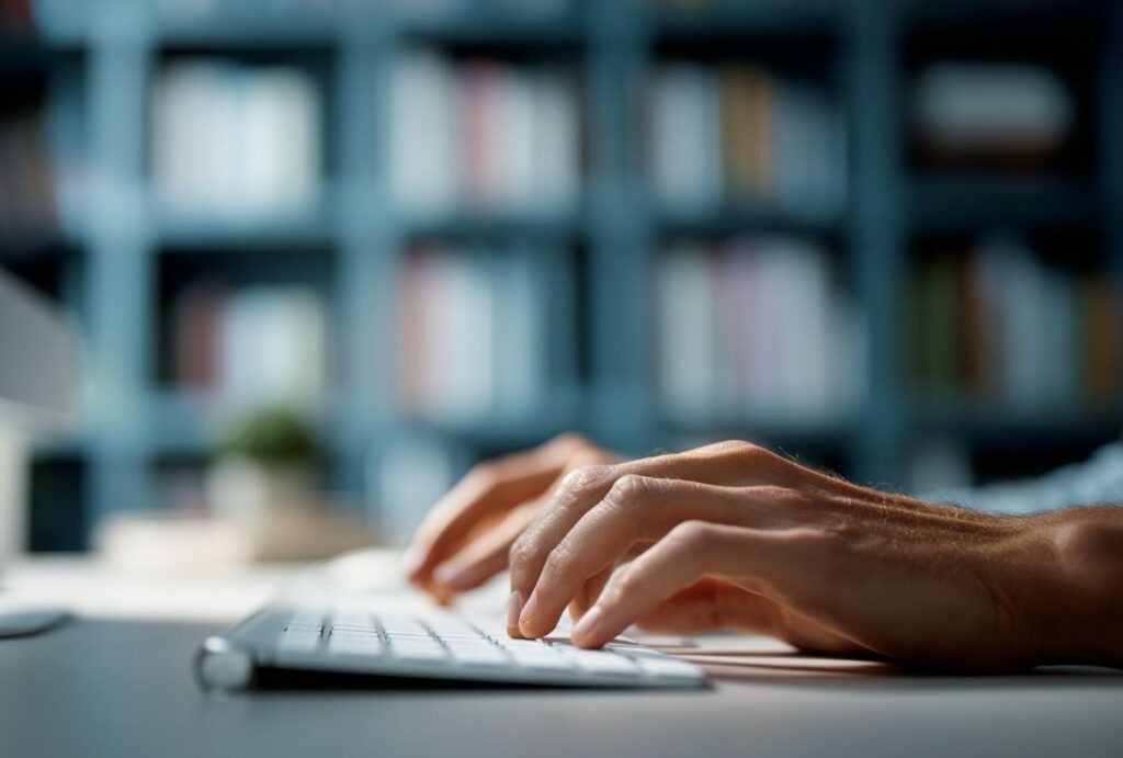 Hände über einer Tastatur vor einer Bücherwand